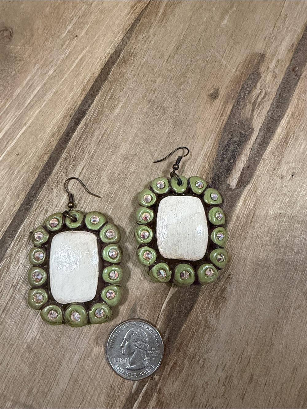 Handcrafted Green and White Oval Drop Earrings